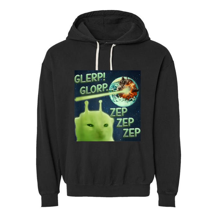 Funny Alien Cat Meme Glerp Glorp Zep Zep Garment-Dyed Fleece Hoodie