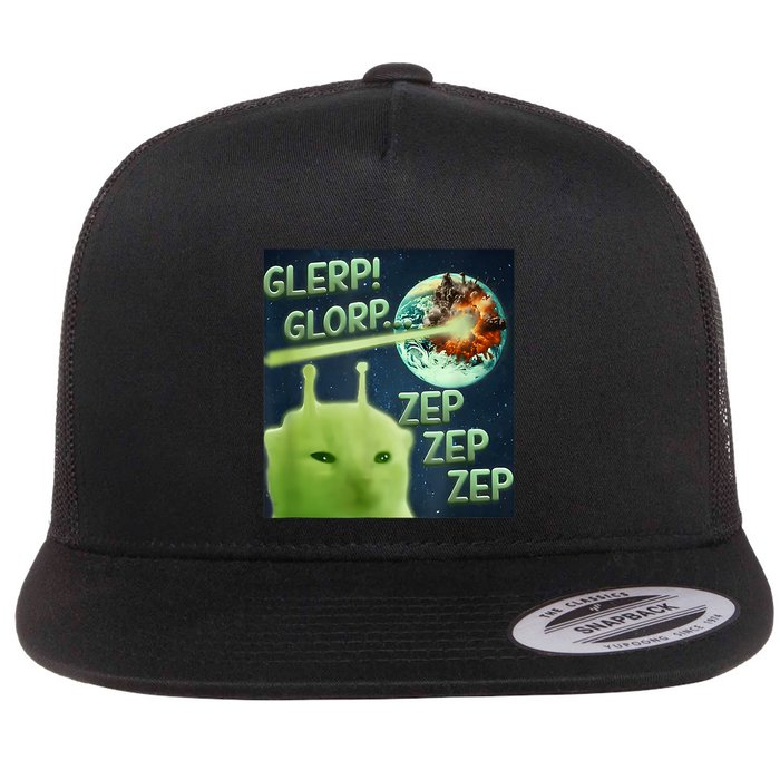 Funny Alien Cat Meme Glerp Glorp Zep Zep Flat Bill Trucker Hat