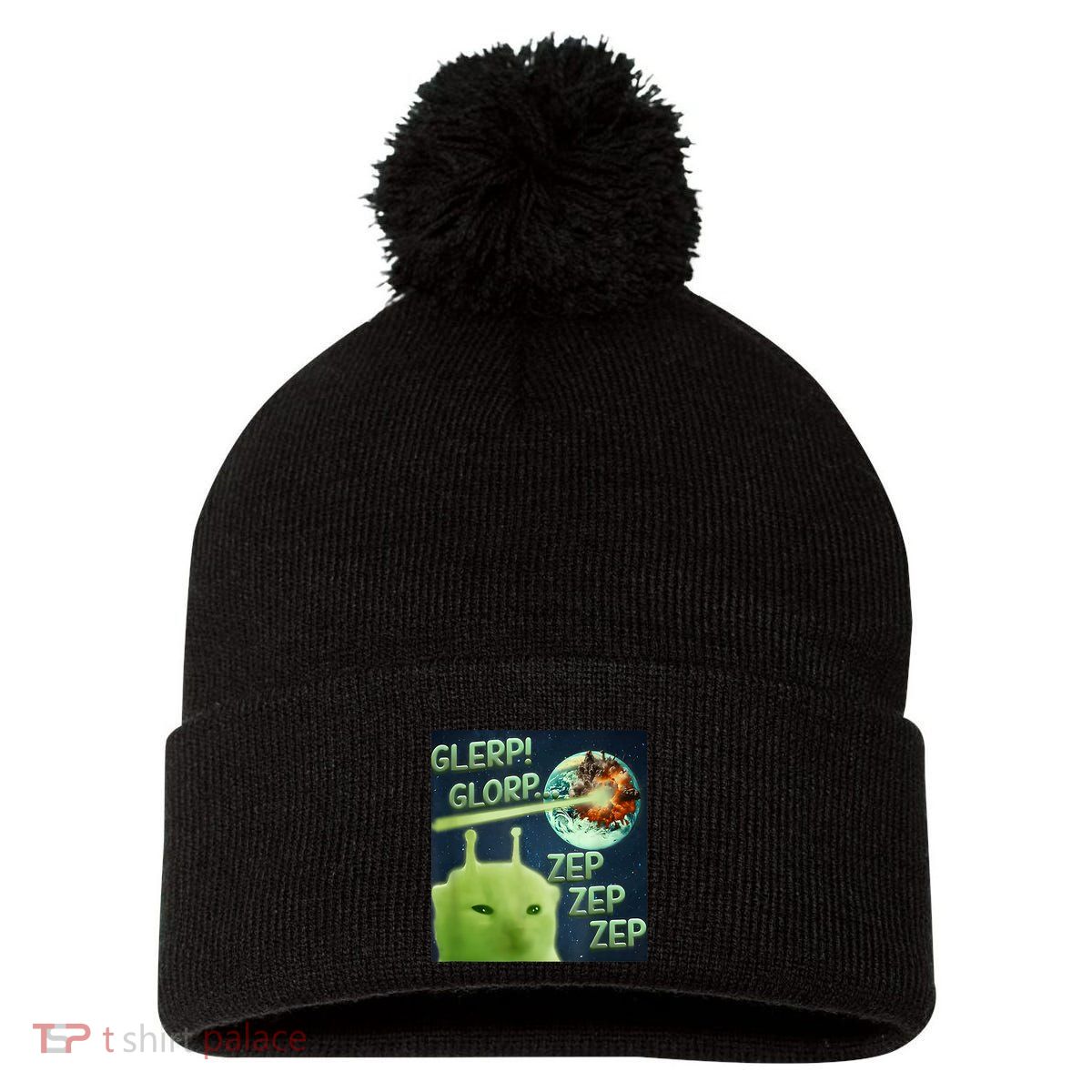 Funny Alien Cat Meme Glerp Glorp Zep Zep Pom Pom 12in Knit Beanie