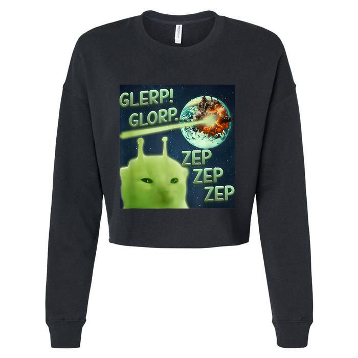 Funny Alien Cat Meme Glerp Glorp Zep Zep Cropped Pullover Crew