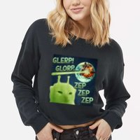 Funny Alien Cat Meme Glerp Glorp Zep Zep Cropped Pullover Crew