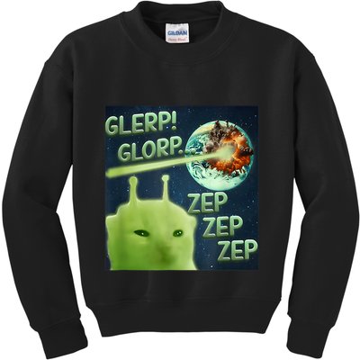 Funny Alien Cat Meme Glerp Glorp Zep Zep Kids Sweatshirt