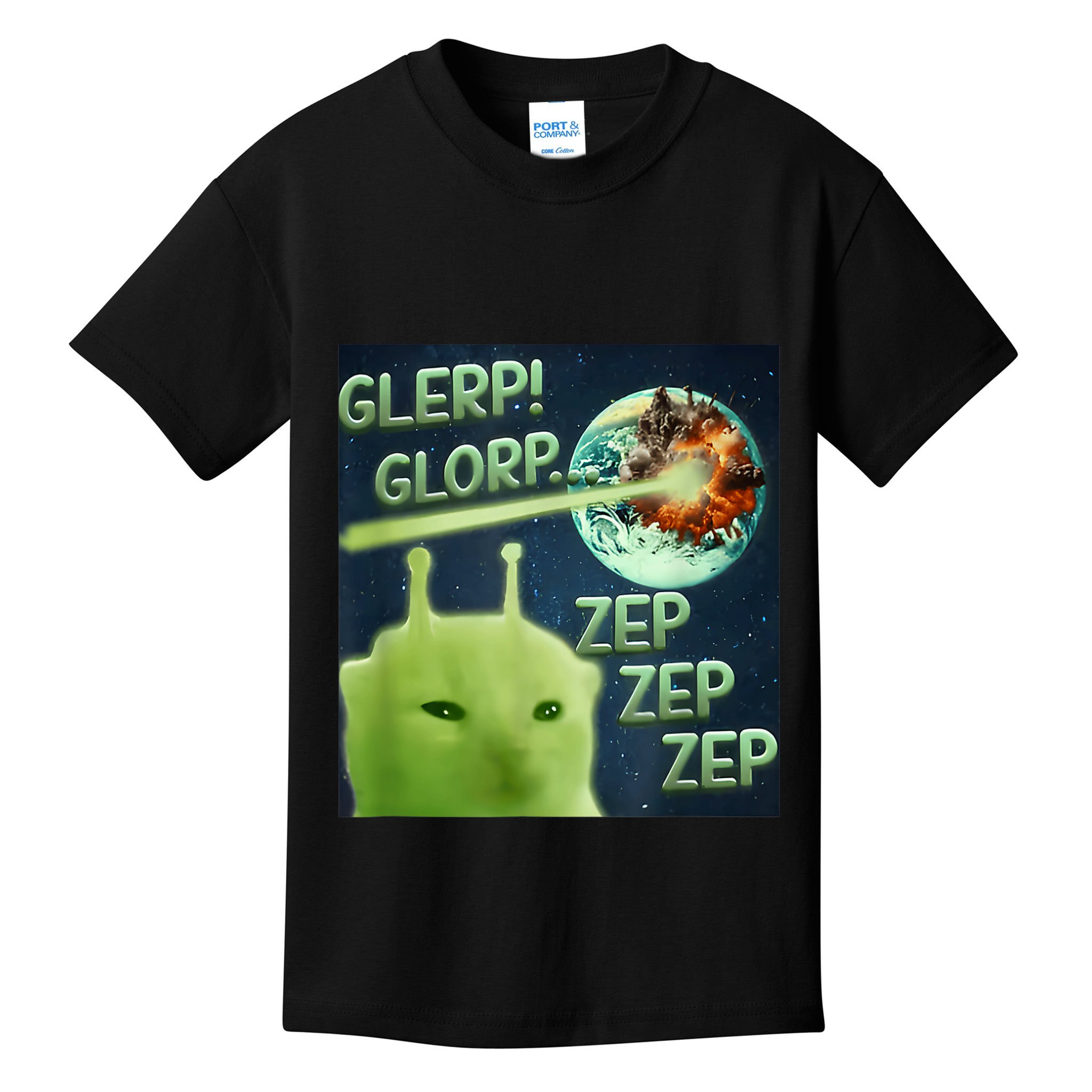 Funny Alien Cat Meme Glerp Glorp Zep Zep Kids T-Shirt