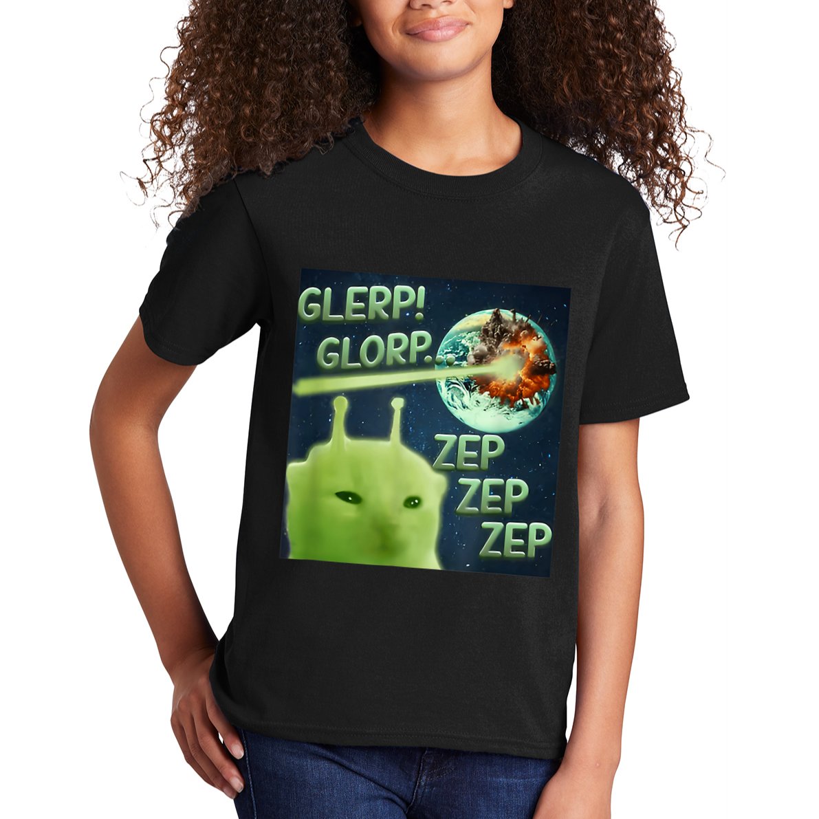 Funny Alien Cat Meme Glerp Glorp Zep Zep Kids T-Shirt