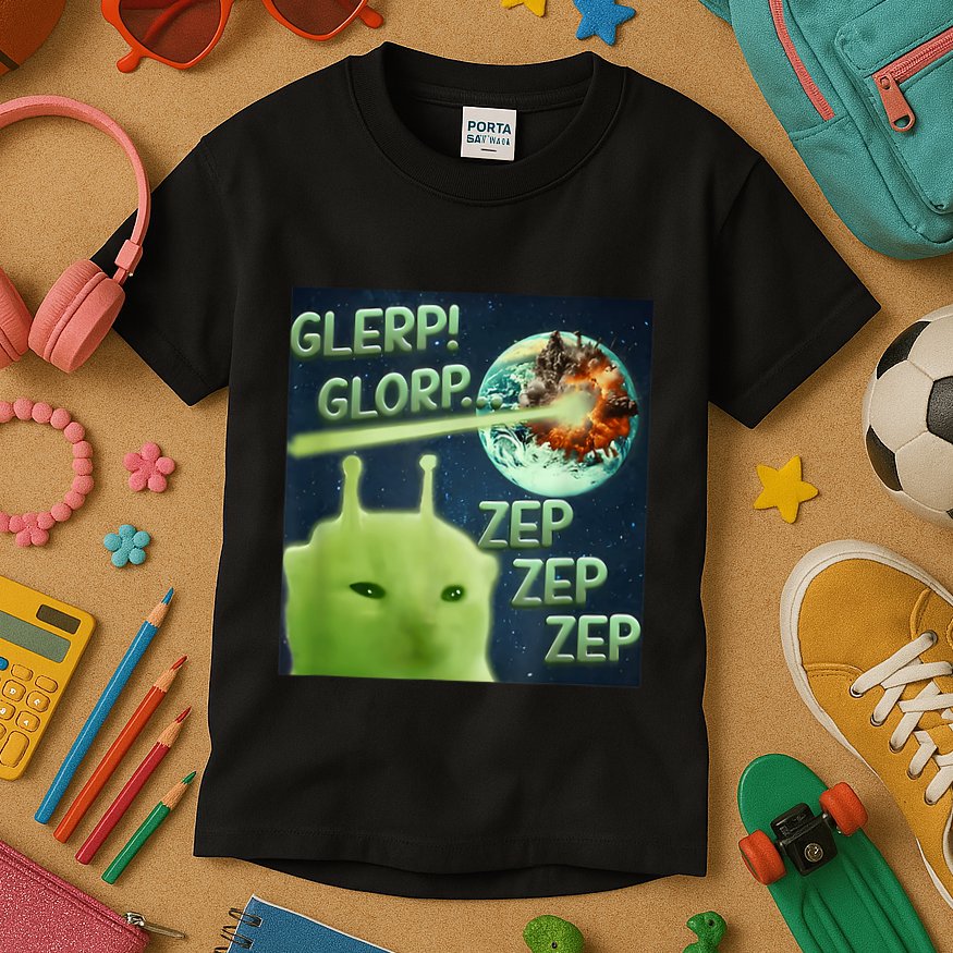 Funny Alien Cat Meme Glerp Glorp Zep Zep Kids T-Shirt
