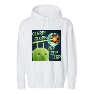 Funny Alien Cat Meme Glerp Glorp Zep Zep Garment-Dyed Fleece Hoodie