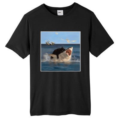 Funny Art & Cat Lover Quote Cat Biting Shark Cool Fat Cat Gift Tall Fusion ChromaSoft Performance T-Shirt