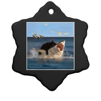 Funny Art & Cat Lover Quote Cat Biting Shark Cool Fat Cat Gift Ceramic Star Ornament