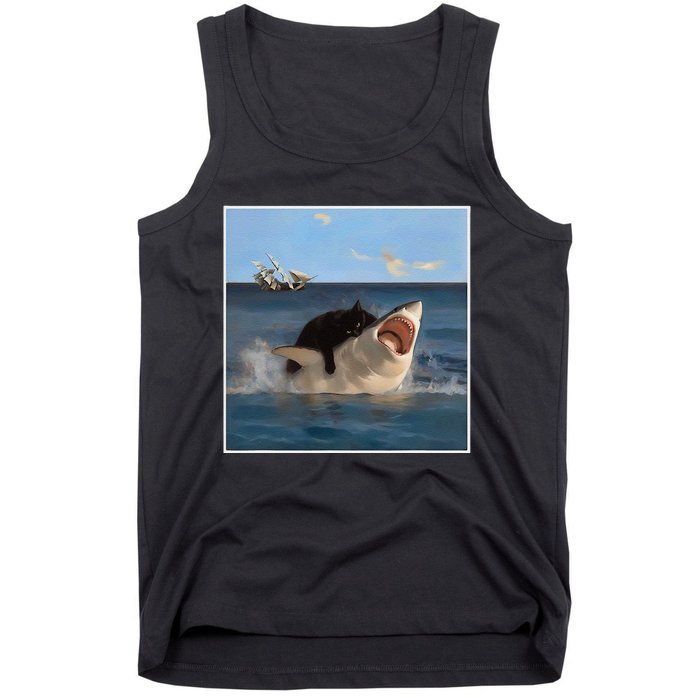 Funny Art & Cat Lover Quote Cat Biting Shark Cool Fat Cat Gift Tank Top