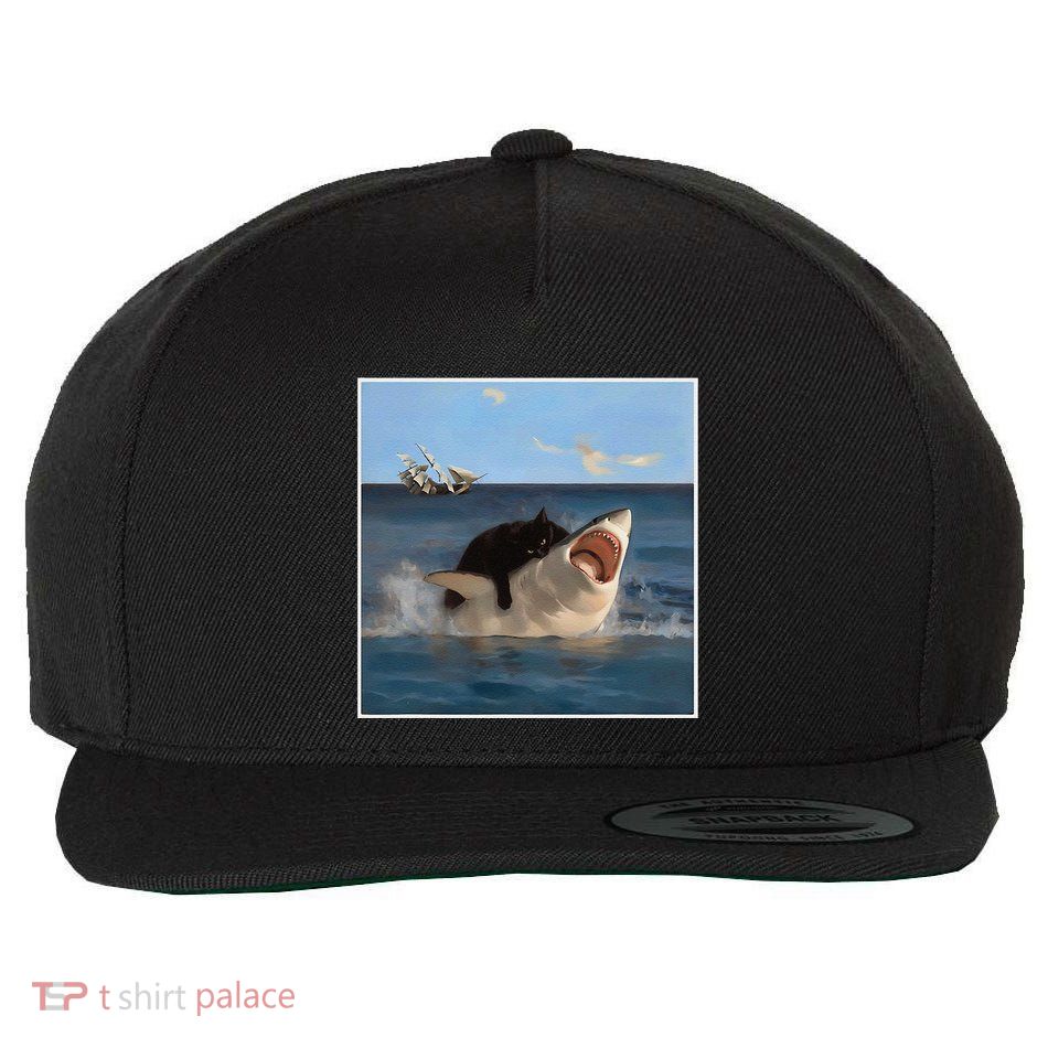 Funny Art & Cat Lover Quote Cat Biting Shark Cool Fat Cat Gift Wool Snapback Cap