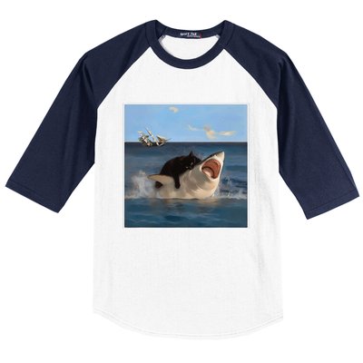 Funny Art & Cat Lover Quote Cat Biting Shark Cool Fat Cat Gift Baseball Sleeve Shirt