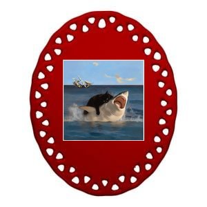 Funny Art & Cat Lover Quote Cat Biting Shark Cool Fat Cat Gift Ceramic Oval Ornament