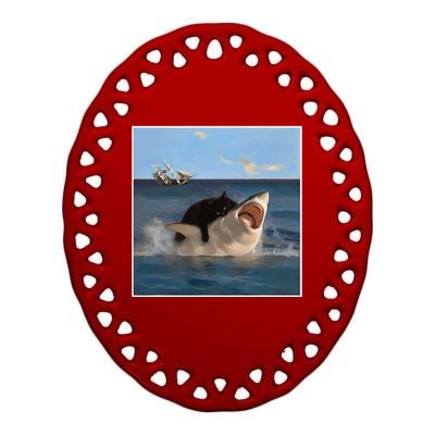 Funny Art & Cat Lover Quote Cat Biting Shark Cool Fat Cat Gift Ceramic Oval Ornament