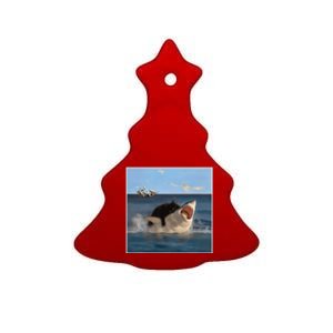 Funny Art & Cat Lover Quote Cat Biting Shark Cool Fat Cat Gift Ceramic Tree Ornament