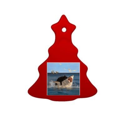 Funny Art & Cat Lover Quote Cat Biting Shark Cool Fat Cat Gift Ceramic Tree Ornament