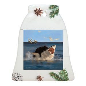 Funny Art & Cat Lover Quote Cat Biting Shark Cool Fat Cat Gift Ceramic Bell Ornament