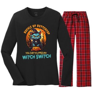 Funny Angry Cat Witch Buckle Up Buttercup Halloween Women's Long Sleeve Flannel Pajama Set 