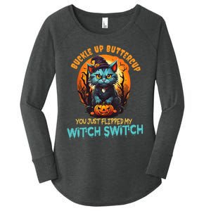 Funny Angry Cat Witch Buckle Up Buttercup Halloween Women's Perfect Tri Tunic Long Sleeve Shirt