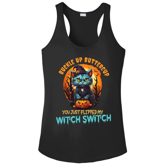 Funny Angry Cat Witch Buckle Up Buttercup Halloween Ladies PosiCharge Competitor Racerback Tank