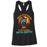 Funny Angry Cat Witch Buckle Up Buttercup Halloween Women's Racerback Tank