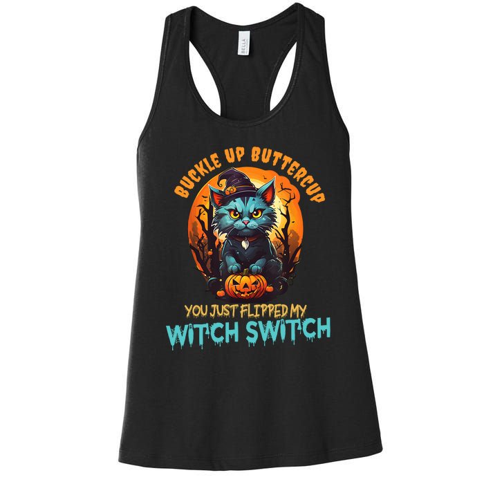 Funny Angry Cat Witch Buckle Up Buttercup Halloween Women's Racerback Tank