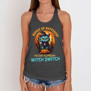 Funny Angry Cat Witch Buckle Up Buttercup Halloween Women's Knotted Racerback Tank