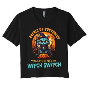 Funny Angry Cat Witch Buckle Up Buttercup Halloween Women's Crop Top Tee