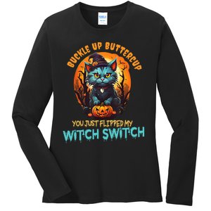 Funny Angry Cat Witch Buckle Up Buttercup Halloween Ladies Long Sleeve Shirt