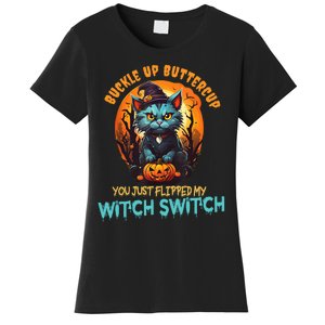 Funny Angry Cat Witch Buckle Up Buttercup Halloween Women's T-Shirt