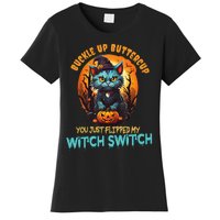 Funny Angry Cat Witch Buckle Up Buttercup Halloween Women's T-Shirt