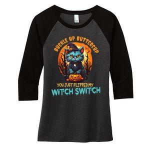 Funny Angry Cat Witch Buckle Up Buttercup Halloween Women's Tri-Blend 3/4-Sleeve Raglan Shirt