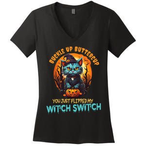 Funny Angry Cat Witch Buckle Up Buttercup Halloween Women's V-Neck T-Shirt