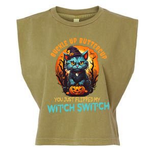 Funny Angry Cat Witch Buckle Up Buttercup Halloween Garment-Dyed Women's Muscle Tee