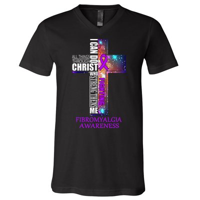 Fibromyalgia Awareness Christmas Gift V-Neck T-Shirt