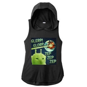 Funny Alien Cat Meme Glerp Glorp Zep Zep Ladies PosiCharge Tri-Blend Wicking Draft Hoodie Tank