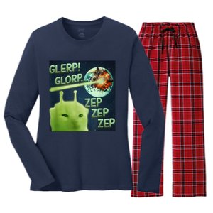 Funny Alien Cat Meme Glerp Glorp Zep Zep Women's Long Sleeve Flannel Pajama Set 