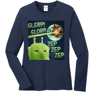 Funny Alien Cat Meme Glerp Glorp Zep Zep Ladies Long Sleeve Shirt