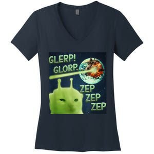 Funny Alien Cat Meme Glerp Glorp Zep Zep Women's V-Neck T-Shirt