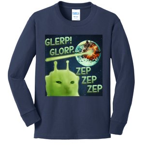 Funny Alien Cat Meme Glerp Glorp Zep Zep Kids Long Sleeve Shirt