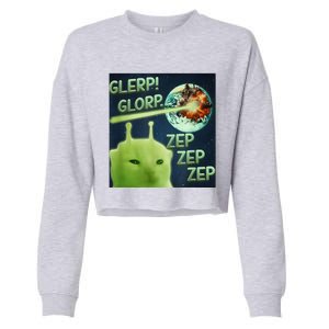 Funny Alien Cat Meme Glerp Glorp Zep Zep Cropped Pullover Crew