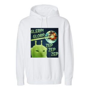 Funny Alien Cat Meme Glerp Glorp Zep Zep Garment-Dyed Fleece Hoodie