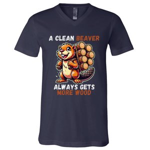 Funny A Clean Beaver Always Gets More Wood V-Neck T-Shirt