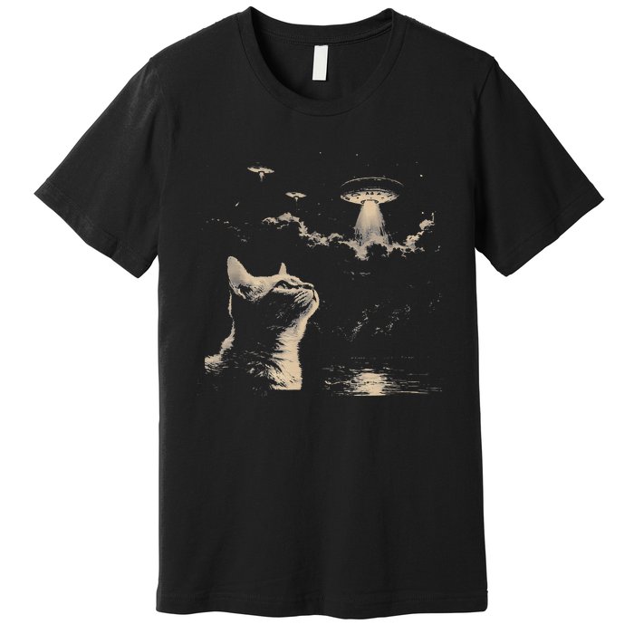 Funny Animal Cat Selfie With Ufos Weird Premium T-Shirt