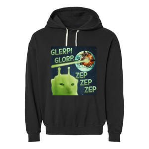 Funny Alien Cat Meme Glerp Glorp Zep Zep Garment-Dyed Fleece Hoodie