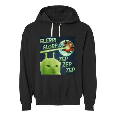 Funny Alien Cat Meme Glerp Glorp Zep Zep Garment-Dyed Fleece Hoodie