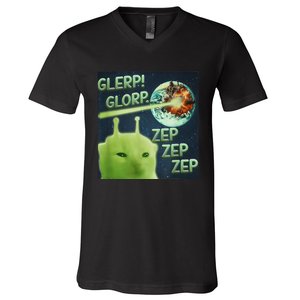 Funny Alien Cat Meme Glerp Glorp Zep Zep V-Neck T-Shirt