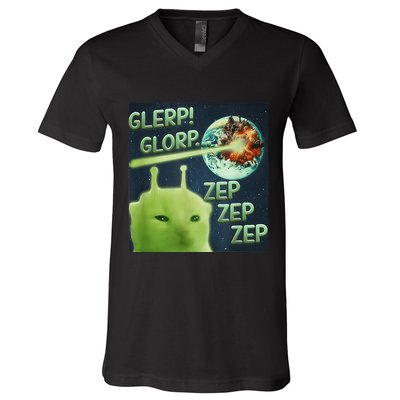 Funny Alien Cat Meme Glerp Glorp Zep Zep V-Neck T-Shirt