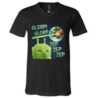 Funny Alien Cat Meme Glerp Glorp Zep Zep V-Neck T-Shirt