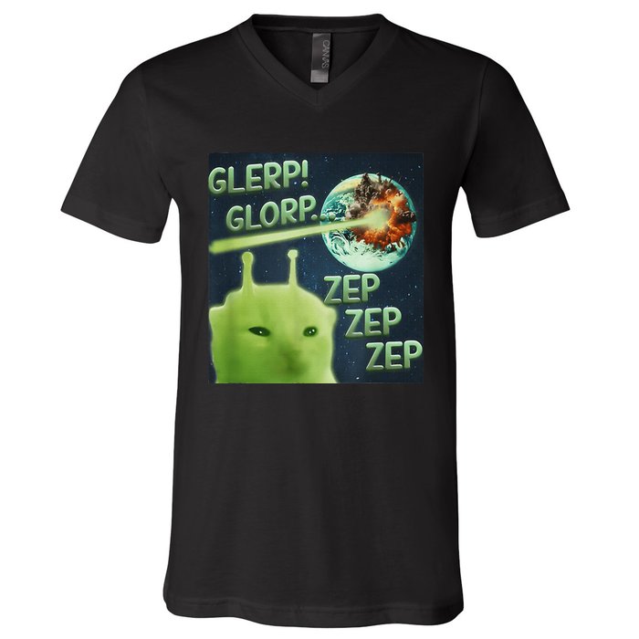 Funny Alien Cat Meme Glerp Glorp Zep Zep V-Neck T-Shirt