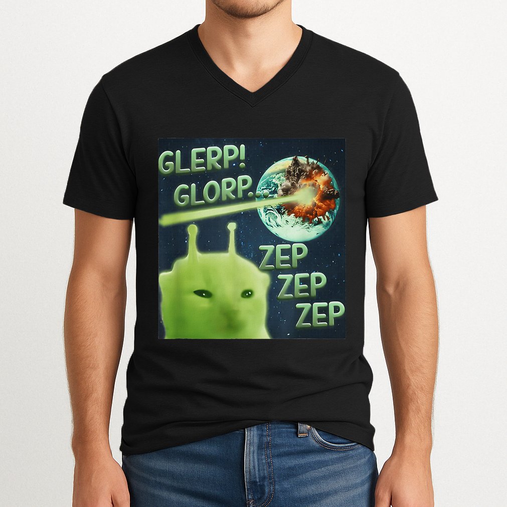 Funny Alien Cat Meme Glerp Glorp Zep Zep V-Neck T-Shirt